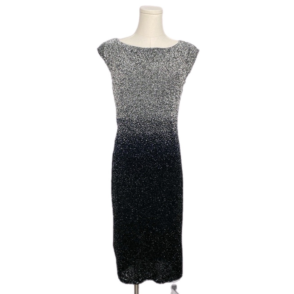 Pamella Roland Silk & Sequin Ombré Gunmetal & Black Draped Back Dress size 8